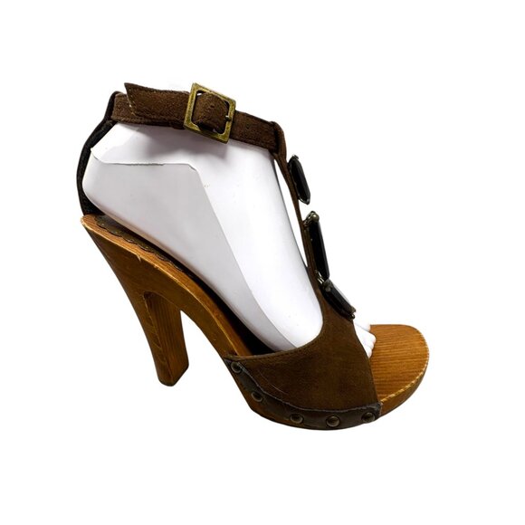 Beverly Feldman Cocoa‎ Suede Bejeweled T-Strap Wooden Sandals - Picture 4 of 11